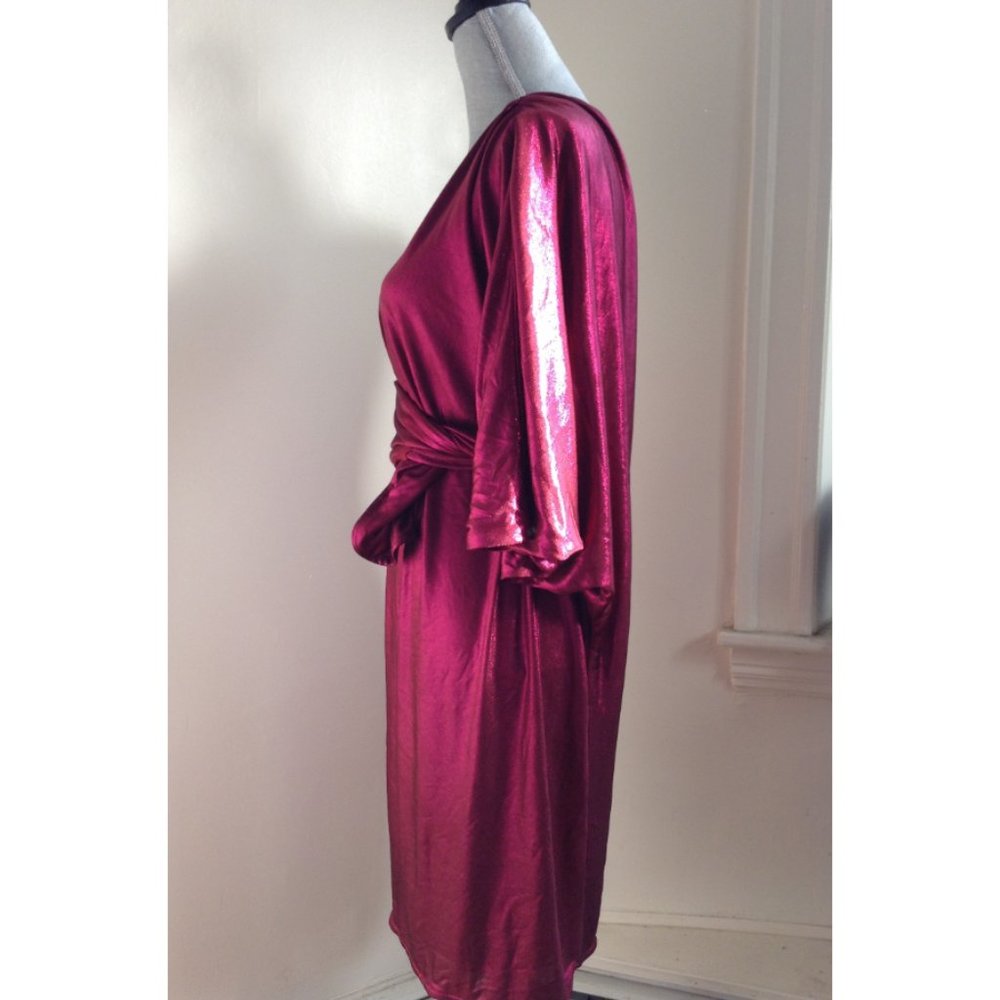 NWT $525 Halston Heritage One Shoulder Wrap Bordeaux Pink 70's Lamé Dress Sz 2 8 - Picture 2 of 14